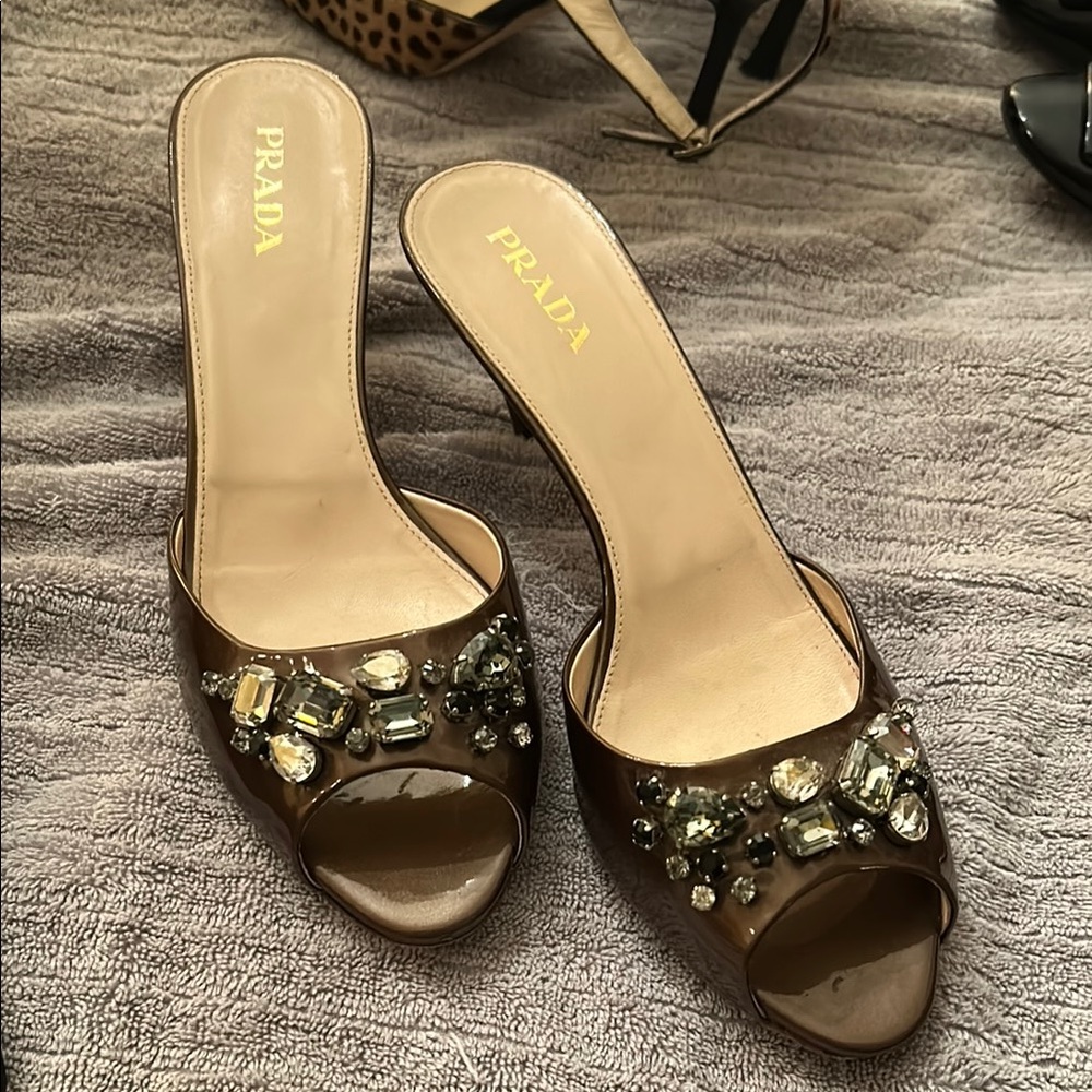 Prada Brown Crystal Gem Embellished Heels